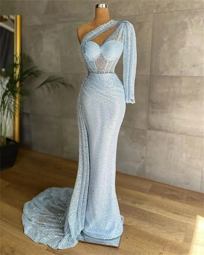 나이지리아 반짝 이는 빛 하늘 파란색 인어 이브닝 드레스 한 숄더 정식 드레스 댄스 파티 가운 vestidos de customed 만든
