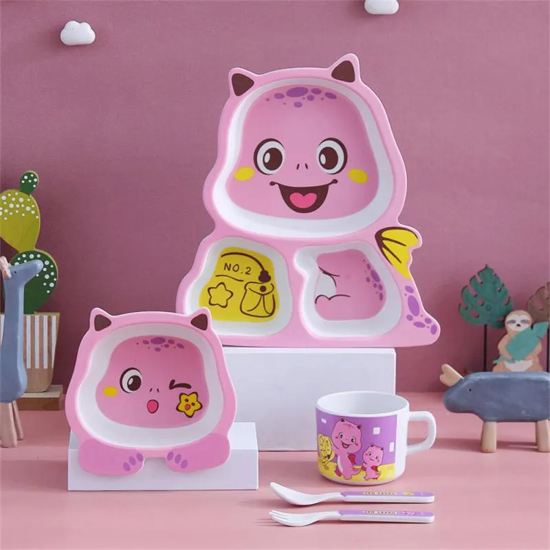 Set di stoviglie 5 pezzi / set Set di stoviglie per bambini carini Fibra di bambù Sicuro Include Piatto da pranzo Cucchiaio Forchetta Ciotola Tazza d'acqua Regalo