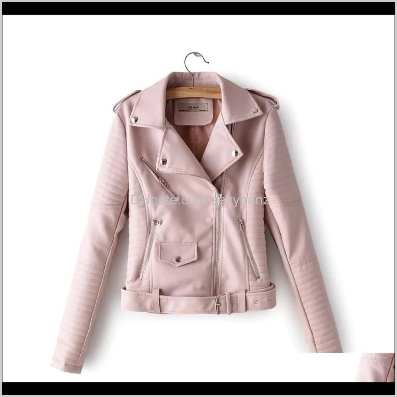 women faux leather jacket autumn short coats spring female clothes s-xl belt zipper pocket epaulette 3color drop shipping pcrc#