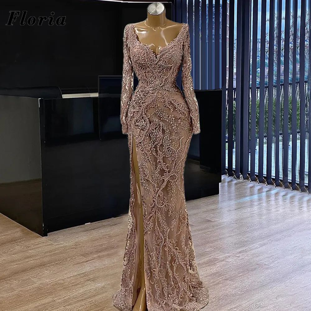 Illusion Beaded Mermaid Prom Dress - Customizable Long Sleeve Formal sparkly evening Dress for Dubai, Middle East, and Celebrity Events in 2021