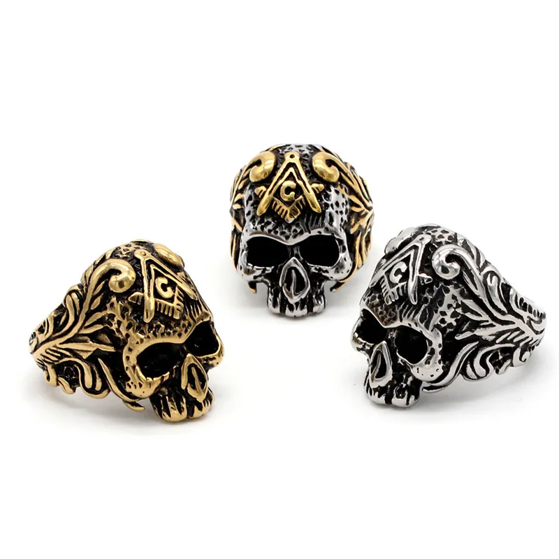 Free Masons Masonic 316 Stainless Steel Ring Punk Freemason signet rings Ancient Gothic Skeleton Skull Head compass jewelry