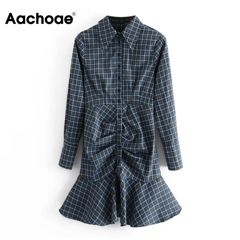 Vintage à manches longues Plaid Mini robes femmes col rabattu bureau chemise dames plissé sirène robe Vestidos 210413