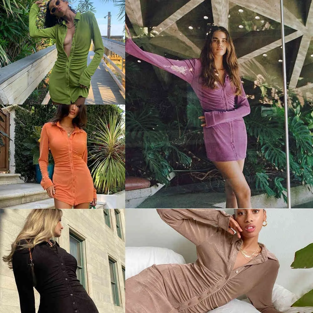Kriptografik Turn-down Yaka Yeşil Kadın Gömlek Elbiseler Kulübü Parti Uzun Kollu Düğme Mini Elbise Tatil 2021 Bahar Streetwear X0705