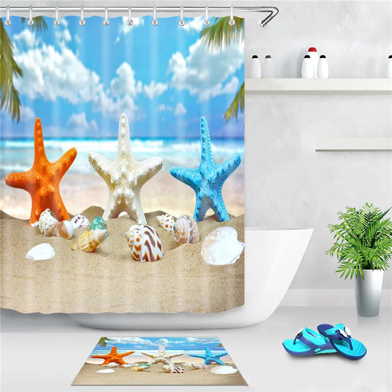 Sea Beach Shower Curtain Starfish Shell Printed Bath Screen Polyester Waterproof Shower Curtains Decor With Hooks 1494 T2