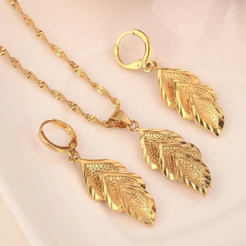 Earrings & Necklace 22k Gold Plated Leaf Set For Women Party Gift Jewelry Sets Engagement Wedding Bridal DIY Charms Girls