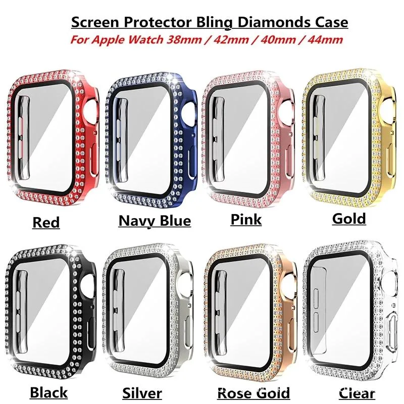 Couvercle en verre trempé pour Apple Watch protection pare-chocs protecteur d'écran coque Pc coque Double diamant couverture pour iwatch 2 3 4 5 6 7
