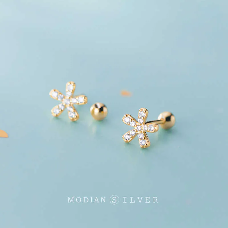 Real Sterling Silver 925 Classic Flower Stud Earrings För Kvinnor Rensa CZ Guld Färg Ear Pins Studs Fine Charm Smycken 210707