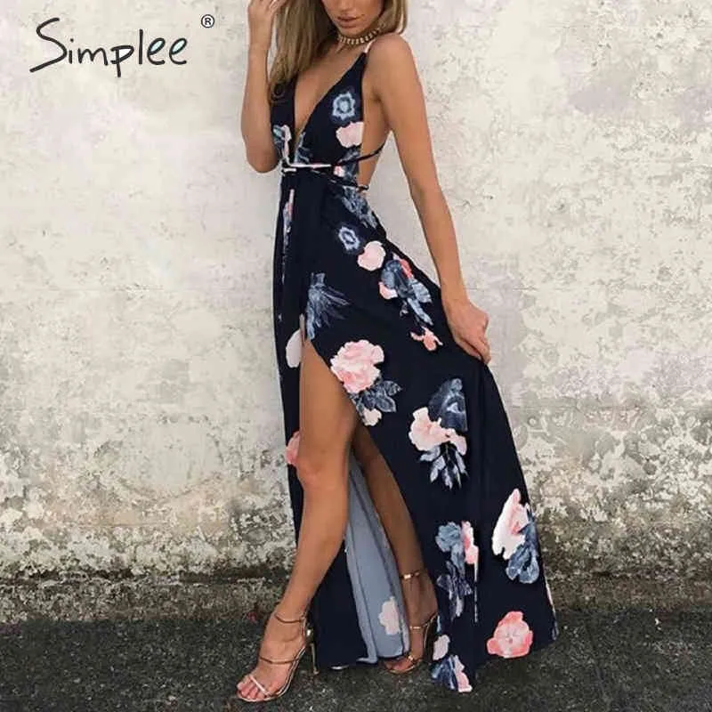 Sexy rückenfreies Boho-Druck-Split-Maxi-Frauen-ärmelloses Kreuz-Schnürkleid-Strand-Sommer-weiches Chiffon-langes Kleid-Robe 210414