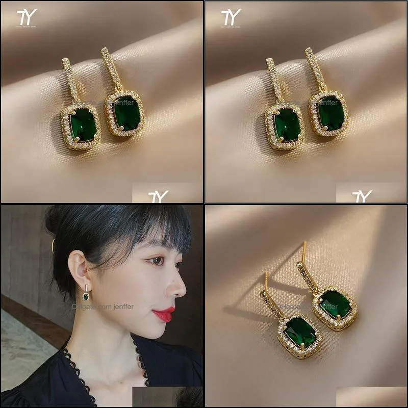 Dangle & Chandelier Luxury Exquisite Geometric Green Crystal Pendant Earrings For Woman Korean Fashion Jewelry Wedding Party Girl`s