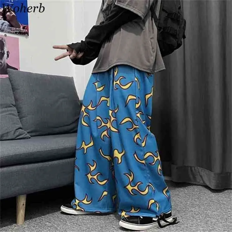 Koreański Vintage Płomień Print Szerokie Spodnie Nod Kobiety Mężczyzna Moda Streetwear Harajuku Luźne Pant Casual Pantalone de Mujer 210519