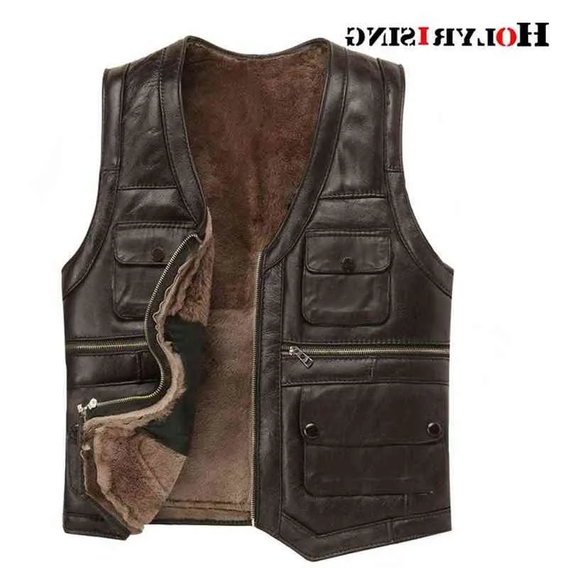 Luxury Mens Full Sheepskin Leather Gilet Motorcycle Vest for Men Pockets Black Brown Fake Leather Coat 19246-5 211215