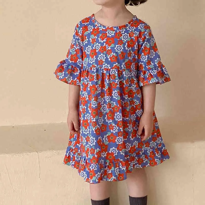 Children's Dress Toddler Kid Clothes Round Neck Lotus Leaf Girl Short Sleeve Floral Cute Princess 210515