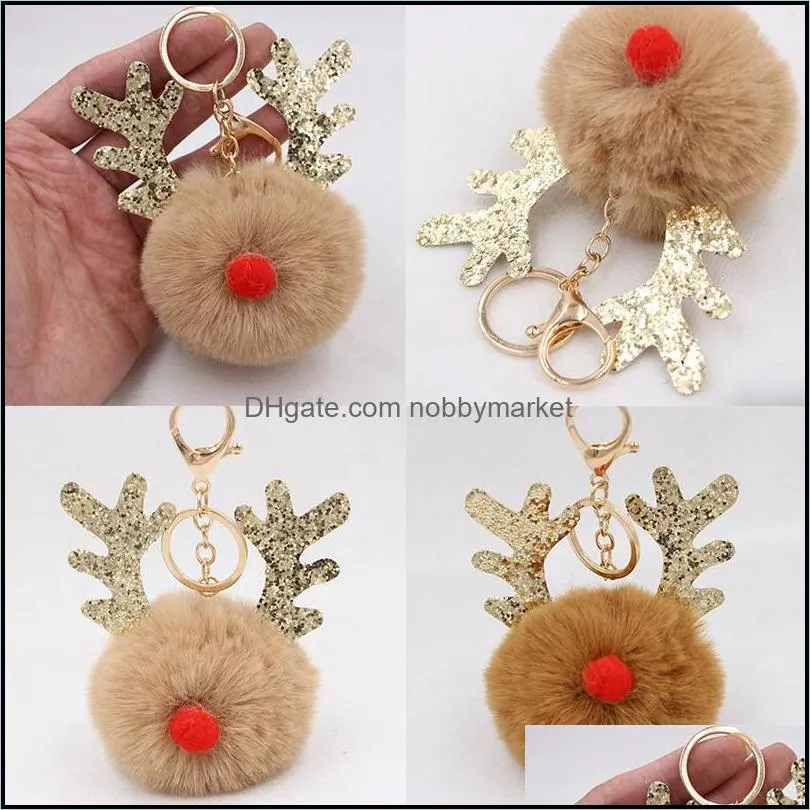 Fur Pom Pom Keychain Fake Rabbit Hair Ball Keychain Porte Clef Pompom De Fourrure Fluffy Bag Charms Christmas Antler Keyring