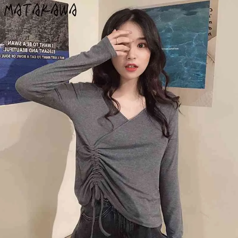 Matakawa z długim rękawem T-shirt damska wiosna koreański styl szczupły t shirt dla kobiet wszechstronny sznurek kobiety tshirts Top 210513