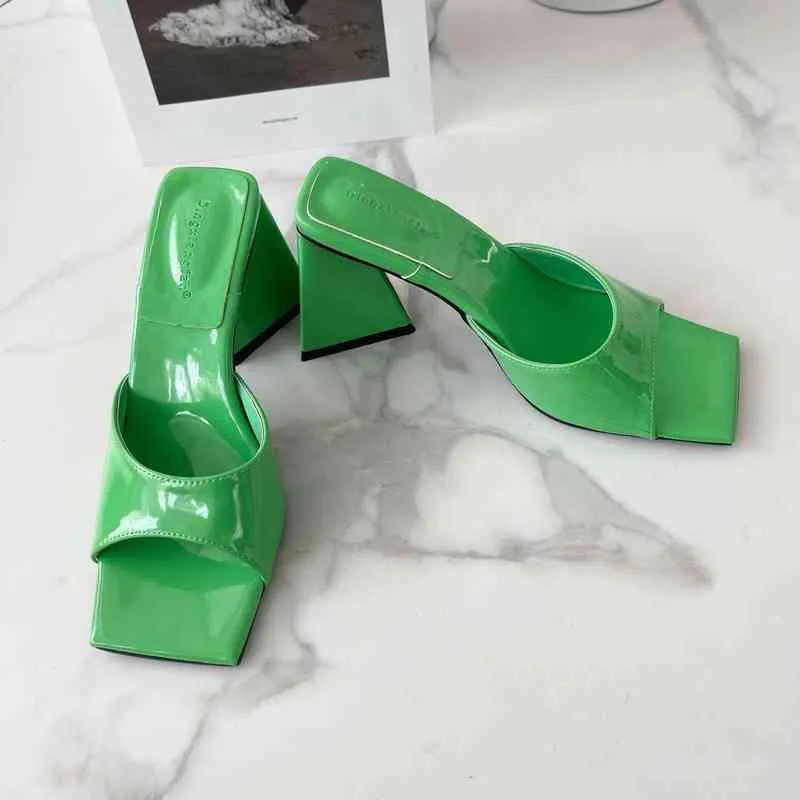 Terlik Kalın Alt Yaz Kadın Moda Bayanlar Kare Ayak Topuklu Terlik Slaytlar Seksi Parti Elbise Ayakkabı Yeşil Turuncu 220309