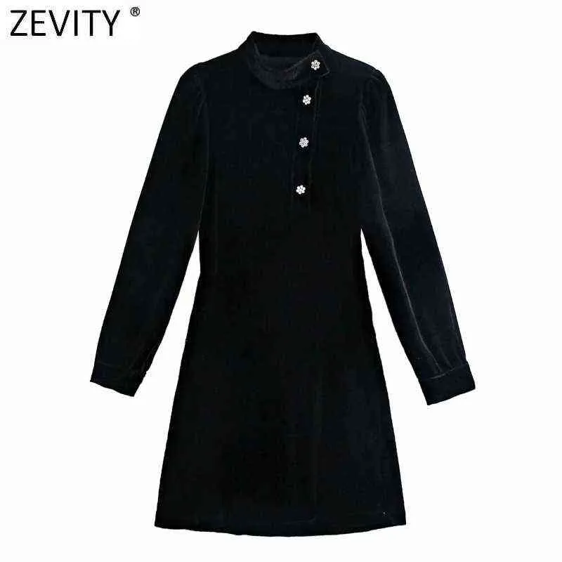 Zevity 2021女性スタンドカラーダイヤモンドボタン装飾カジュアルスリムブラックベルベットドレス女性シックパーティーAラインvestido DS5051 Y1204