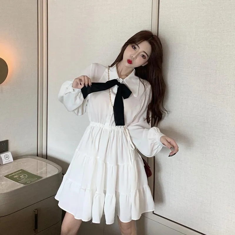 Casual Dresses Sweet Style Autumn Bow Turn down Collar Long Sleeve Dress Woman Black Ulzzang Fashion Brand Korean White A line