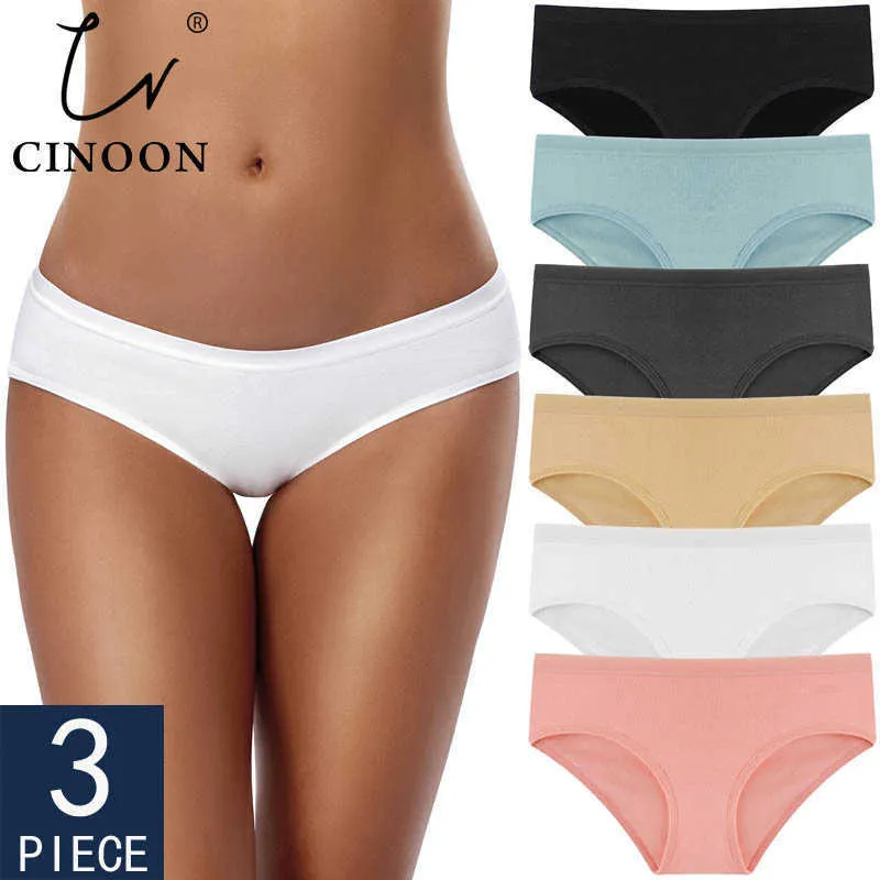 CINOON 3PCS / Set culottes pour femmes sous-vêtements en coton de couleur unie slips filles taille basse culotte douce femmes sous-vêtements femme lingerie Y0823