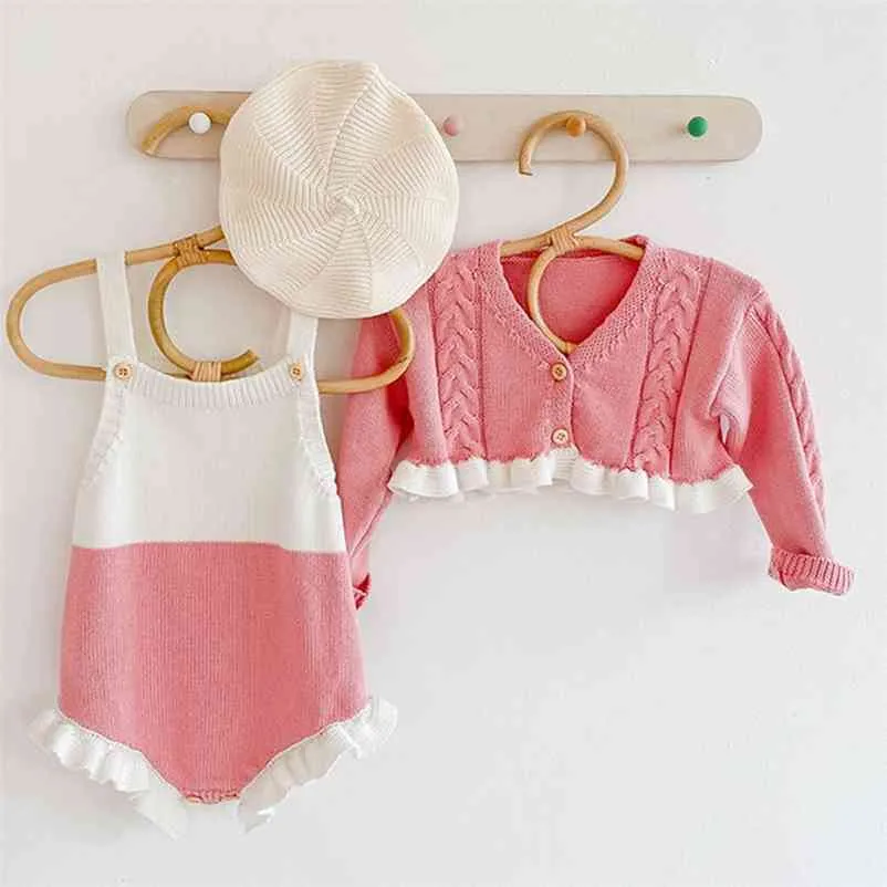 Infantil bebê meninas lace knit casaco + cintas macacão roupas primavera outono crianças menina luva longa roupas 210521