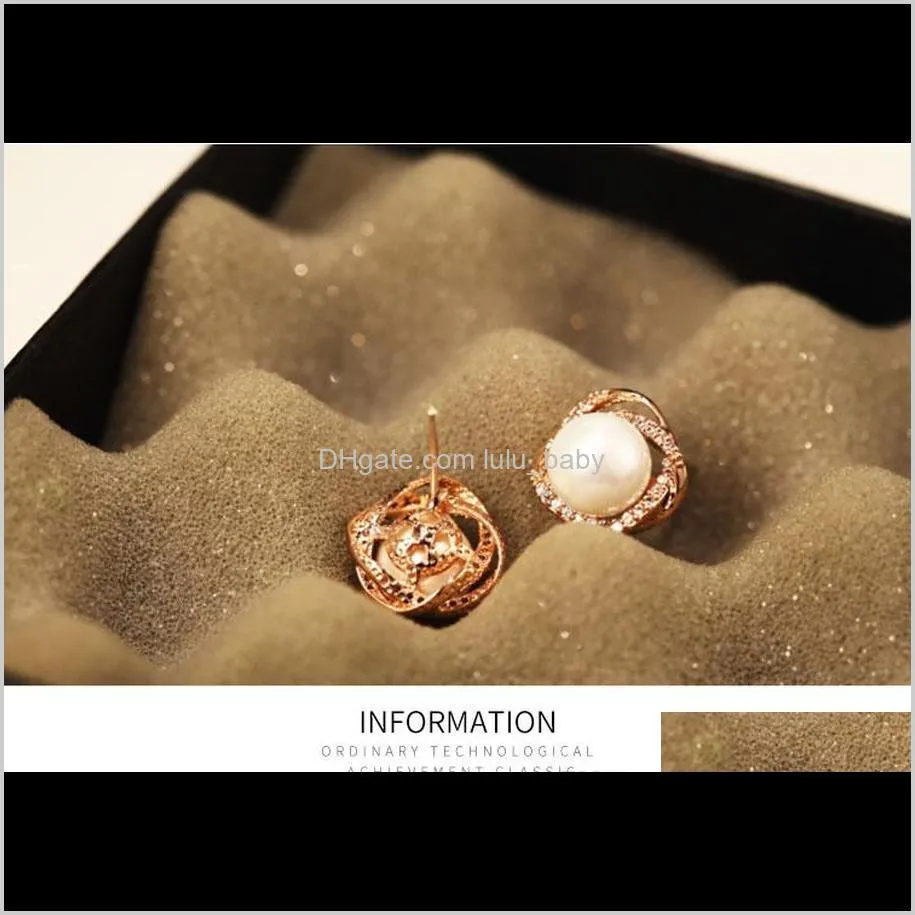 very elegant ! ins fashion designer luxury rose super glittering diamonds pearl stud earrings for woman girls s925 silver pin