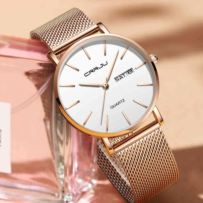 2021 Crrju Fashion Luxury Woman Watches Rose Gold Quartz Klänning Armband Armbandsur med rostfritt stål Kvinna Klocka Zegarki