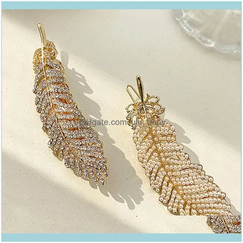 Hair Clips & Barrettes Fashion Side Feather Hairpin Gold Color Simulation Pearl Clip Back Head Simple Female Headpiece XH