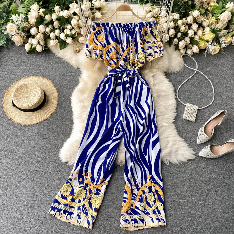 Singreiny Women Retro Print Jumpsuits Koreanska Sexiga Slash Neck Kortärmad Lace Up Rompers Summer Off Shoulder Boho Long Rompers 210419