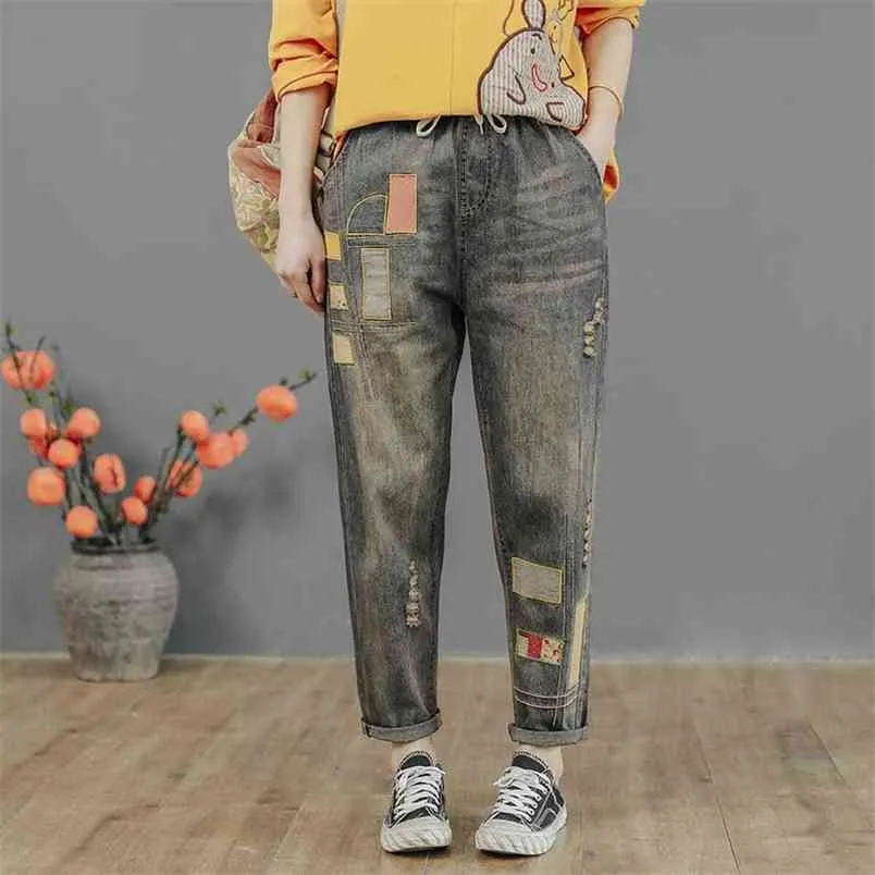 Arrival Spring Arts Style Kobiety Elastyczna Talia Luźne Denim Harem Spodnie Patchwork Haft Vintage Jeans Femme S631 210512