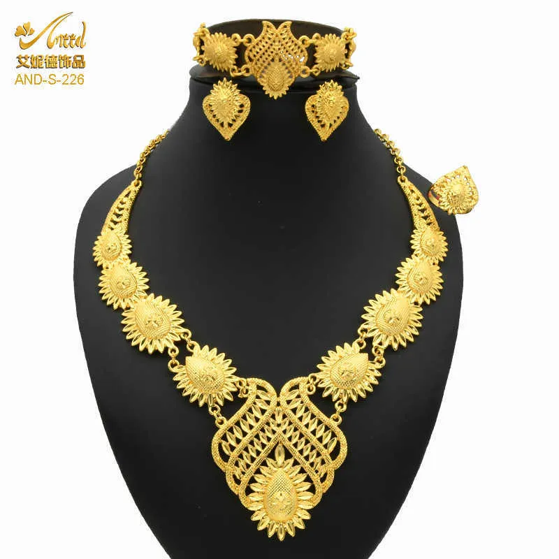 Ensemble de bijoux en or africain de Dubaï pour femmes, mariage éthiopien, collier de mariée nigérian de luxe, boucles d'oreilles, Bracelet, bague, bijoux cadeaux H1022