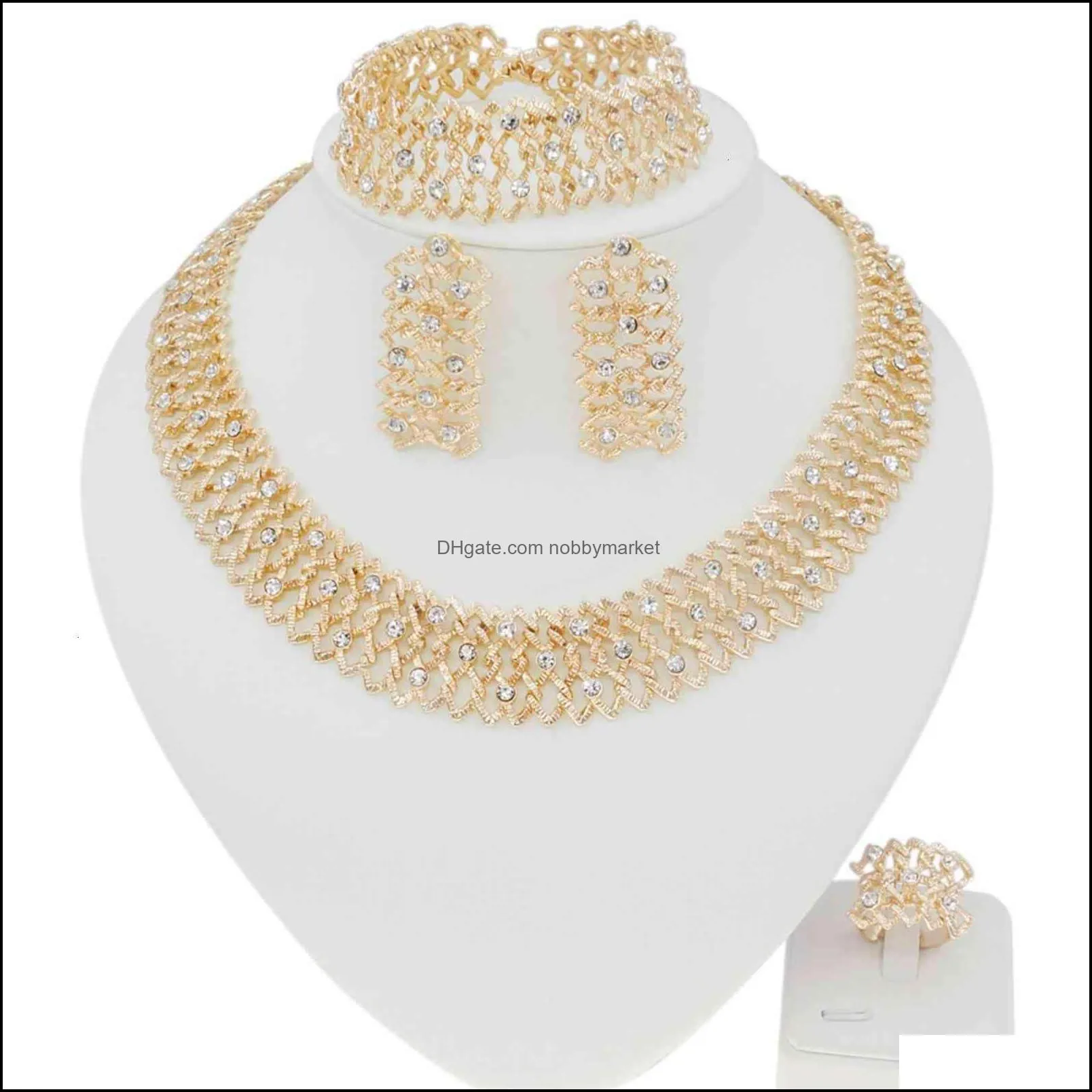Brand Bracelet Earring & Necklace Fashion diamond setting zircon gold-plated necklace earring bracelet ring jewelry zinc