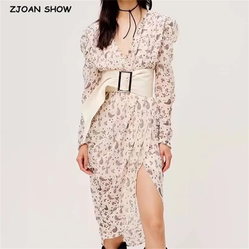 Eleganckie kobiety krzyż V Neck Paisley Floral Print Długi Rękaw Sukienka Panie Ruched Elastyczne Talii Sukni Midi z podszewką 210429