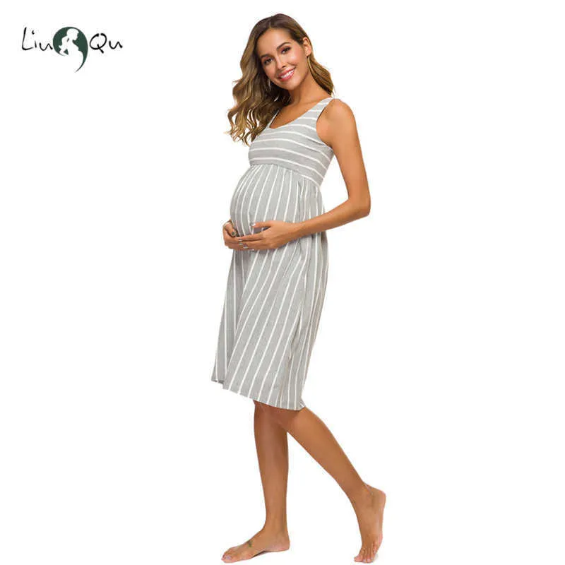 Maternity Sleeveless Striped Tank Maternity Dresses Pregnant Clothes Pregnancy Dress Knee Length High waist A-Line Summer Dress Y0924