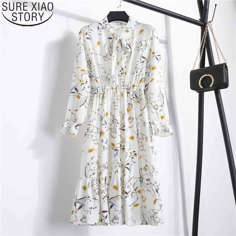 Autumn Women for Female Long Sleeve Chiffon A-line Midi Winter Dress White Bow Floral Vestidos Vintage 9115 50 210417