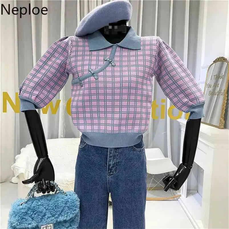 NEPLOE Stickad tröja Kvinnor Kinesisk stil Koreansk Pullover Vintage Spring Plaid Crop Sweater Twist-down Collar Top 1A247 210805