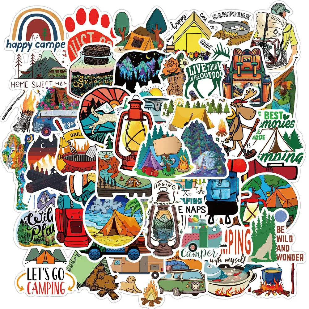 Pack van 50 stks Groothandel Outdoor Camping Stickers voor Bagage Skateboard Notebook Helm Waterfles Auto Decals Kids Geschenken