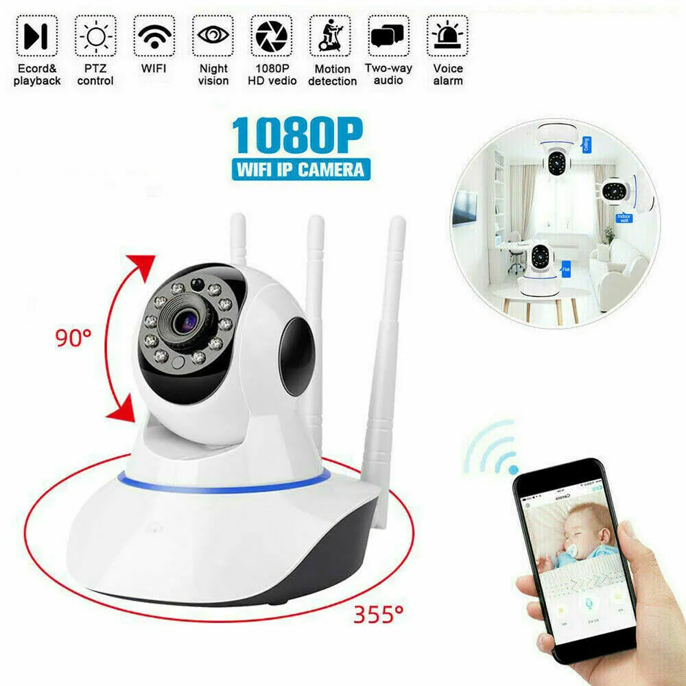 WIFI IP-kamera Original Real 1080P Smart Home Trådlös Säkerhetsövervakningskamera Ljud CCTV Pet Cam Baby Monitor Cam med 3 Antenner