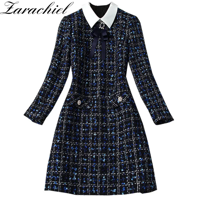 Créateur de mode bleu marine à carreaux noeud papillon Tweed automne hiver femmes à manches longues diamants bouton Vintage laine robe courte 210416