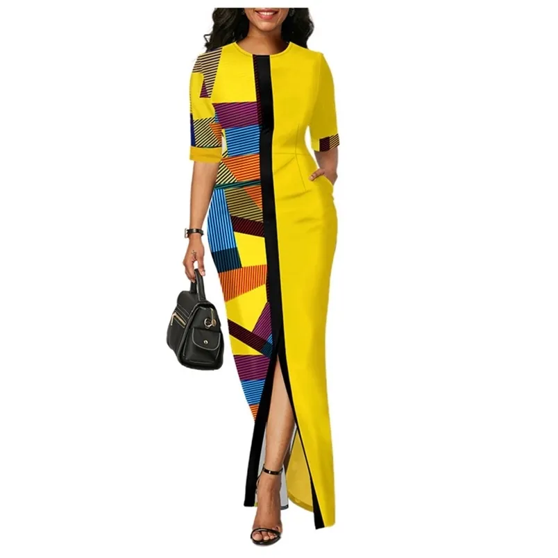 Kadınlar Elbise Moda Zarif Bayanlar Yuvarlak Boyun Geometrik Baskı Patchwork Ekleme Mizaç Kılıf Ince Giyim 210522