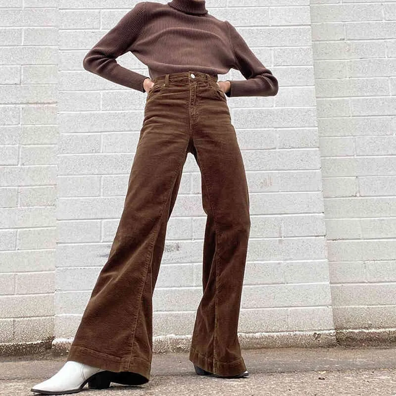 Streetwear Brown High Waist Corduroy Flare Pants Women Winter