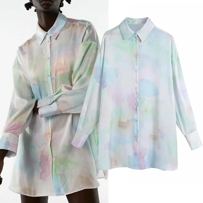 Kvinnors blusar skjortor 2022 Spring Top Tie-Dye Loose Shirt Single-Breasted Simple Everyday Casual Long-Sleeved Fashionable Temp