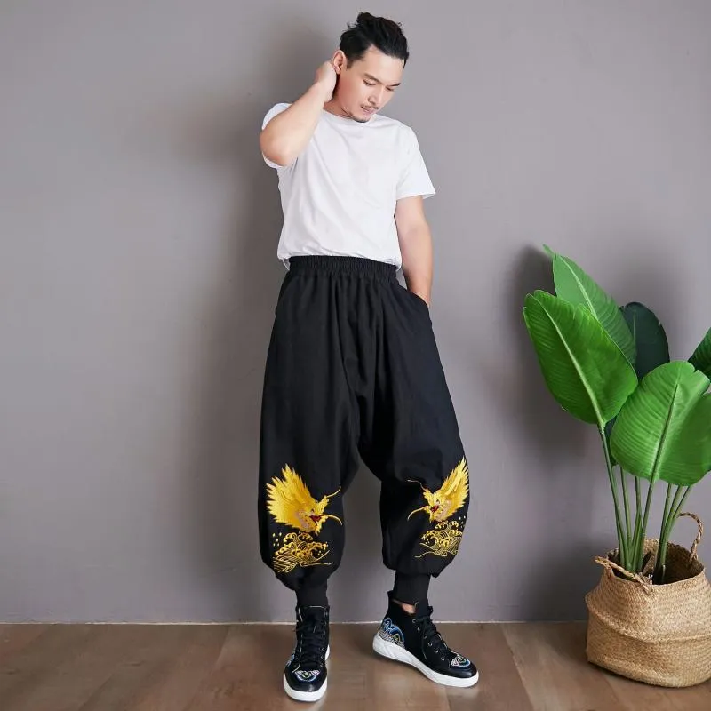 Pantalon Dragon de mer chinois Style littéraire, broderie Ramie décontractée, entrejambe bas, Section de jambe de fermeture pour hommes