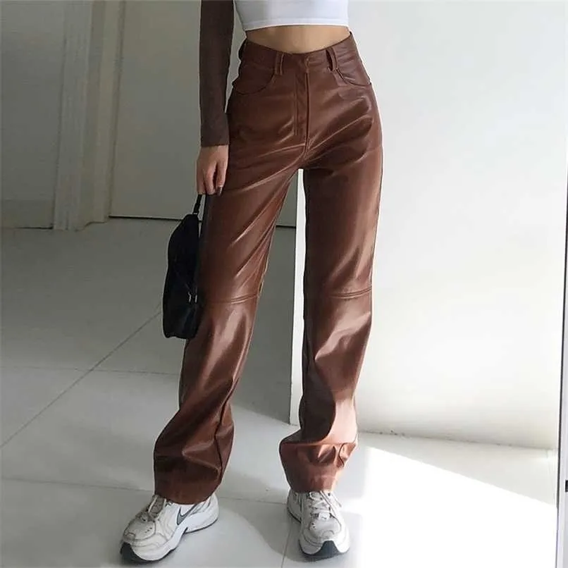 Alto cintura PU Calças de couro Mulheres Jogger Casual Moda Bolsos Laterais Láguas Calças de Perna Livre Solta Vintage Calças Marrom 211216