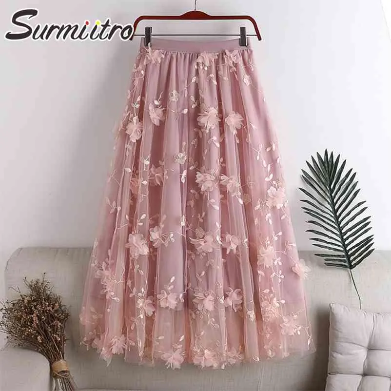 Printemps été longue jupe plissée en tulle femmes coréenne maille broderie florale taille haute esthétique midi femme 210421