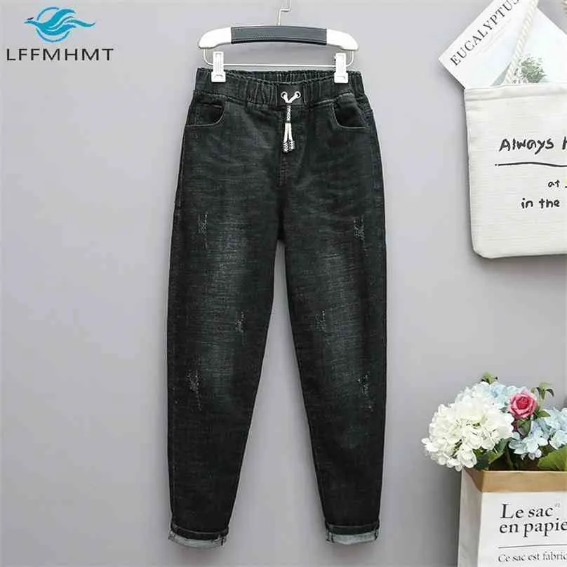 3323 Spring Summer Fashion Women Large 100kg Casual Loose Female Elastic Waist Oversize Jean Trousers Jeans Wild Pants 210915