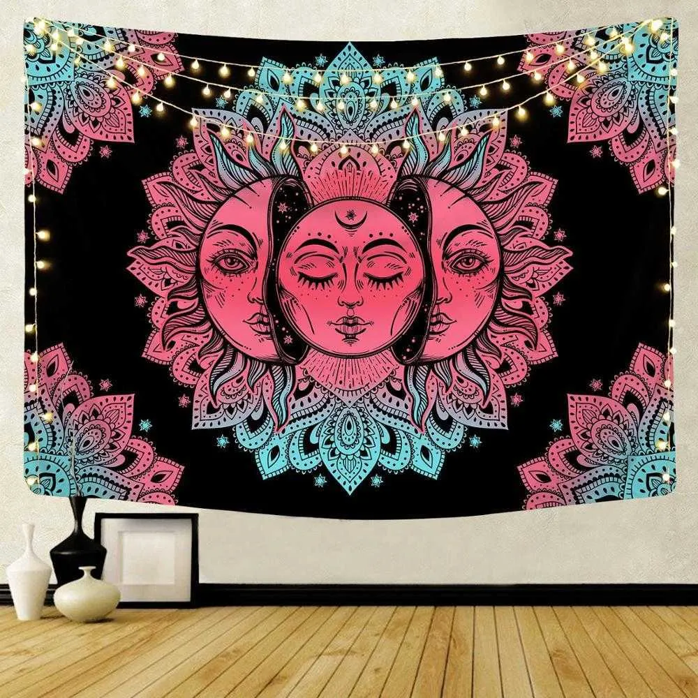 Tapiz de pared de Mandala indio sol Luna árbol Tarot tapiz colgante de pared alfombra psicodélica Tapiz brujería tapices de tela de pared 210609
