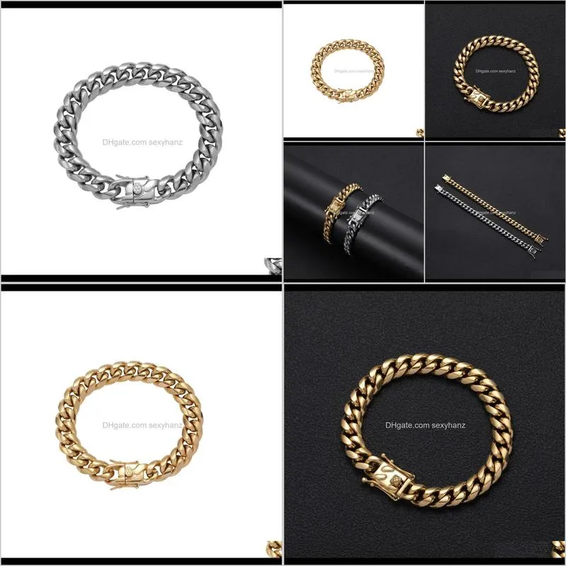 12mm hip hop chain bracelet men`s charm jewelry cuba  stainless steel rock style round grinding