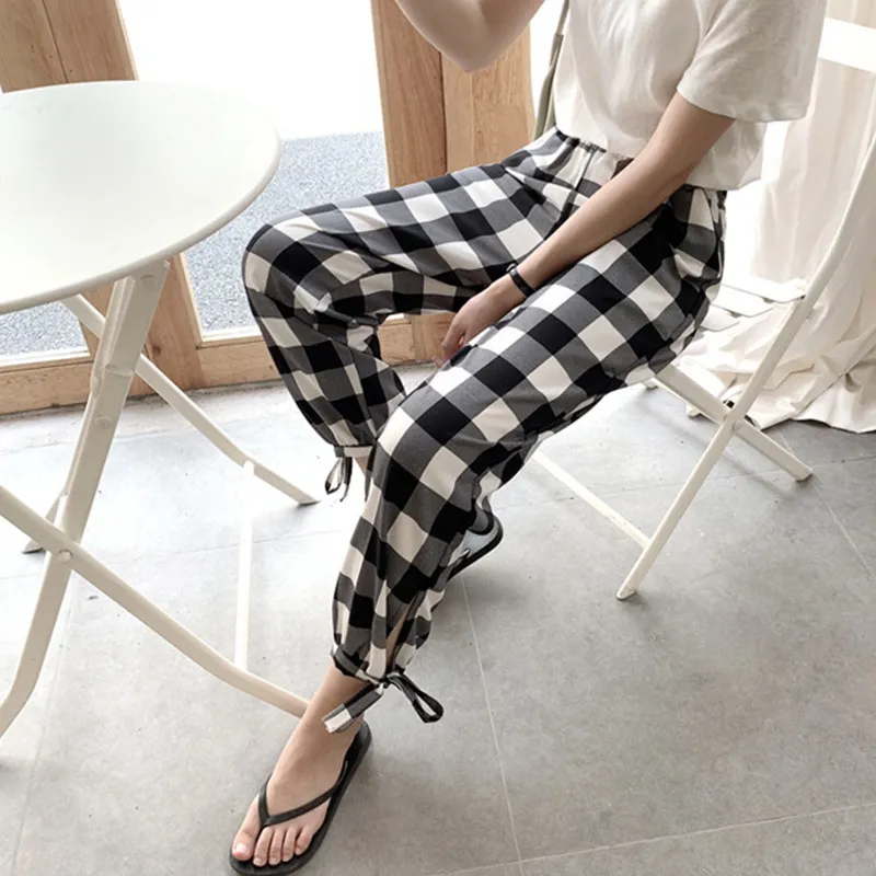 Chiffong Dot Plaid Kvinnors Lantern Beskuren Byxor Lace Up Bow Elastic Midja Kvinna Pant Spring Sommar Mode Ladies Byxor 210518