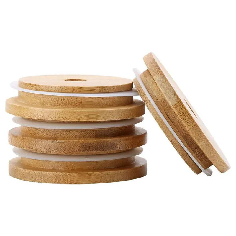 70mm 88mm 대나무 컵 뚜껑 재사용 가능한 나무 메이슨 항아리 뚜껑 밀짚 구멍 및 실리콘 인감 그릇 커버