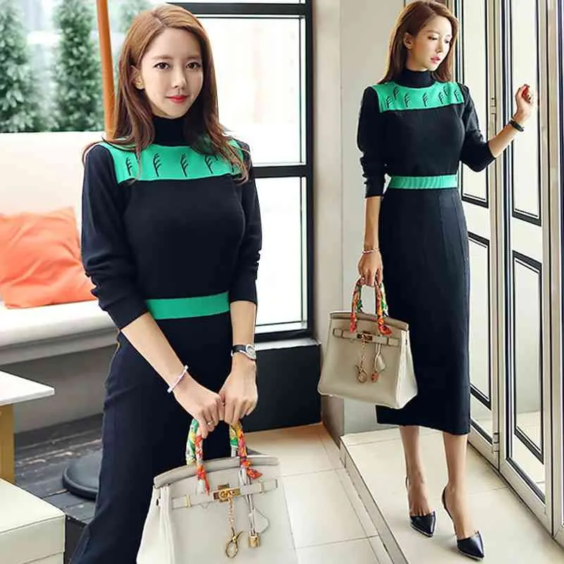 Femmes printemps pull mode coréenne contraste couleur col roulé manches minces Silm bureau dame longue Robe robe à tricoter 210416