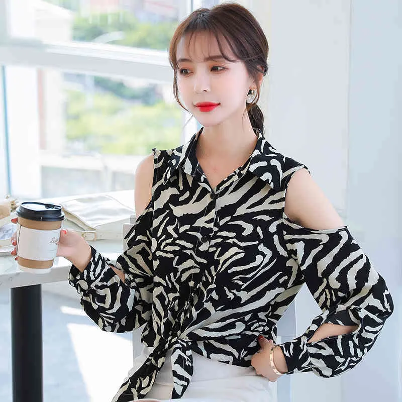 Damer toppar kvinnor skjortor blusas feminin långärmad av axel leopard tryckt skjorta koreanska mode kläder 882g 210420